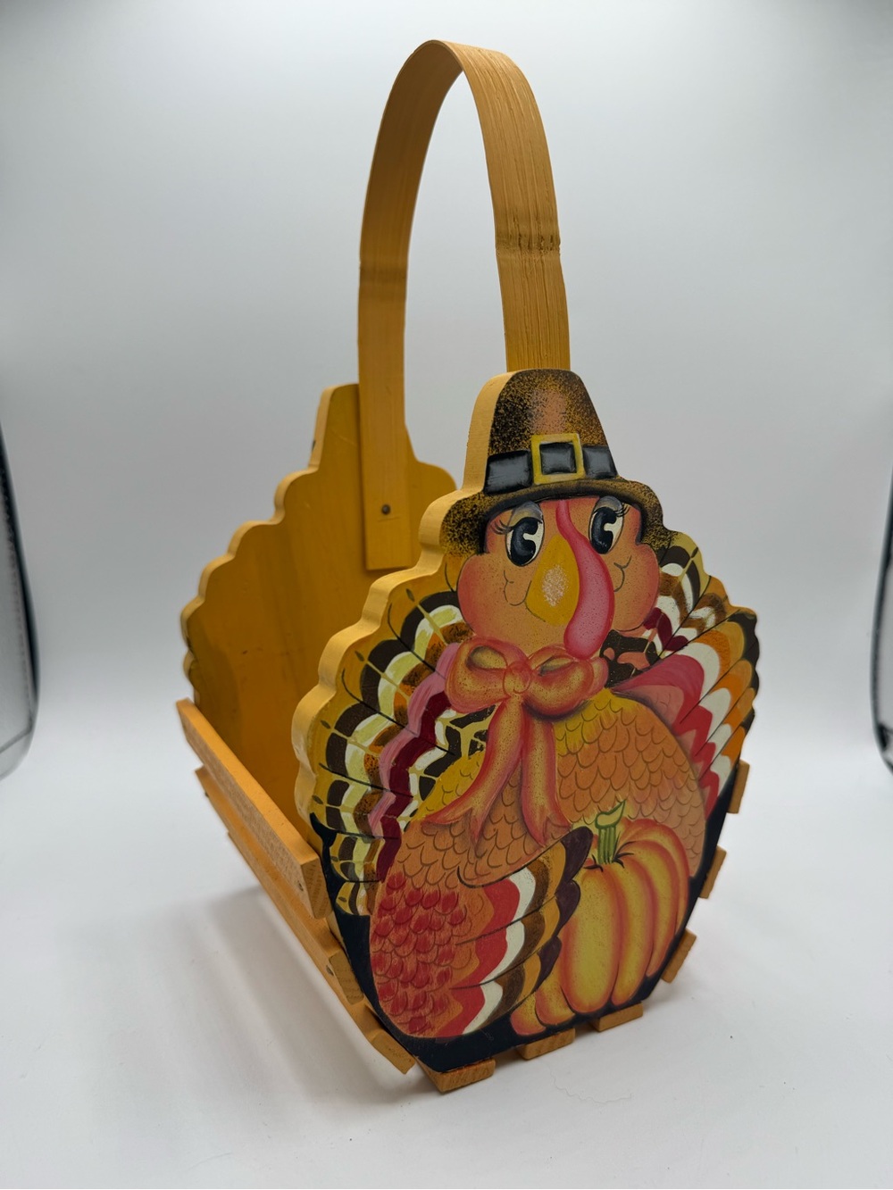 Vintage Wooden Hand Painted Turkey Basket Wood Slats Thanksgiving Kitchen Decor